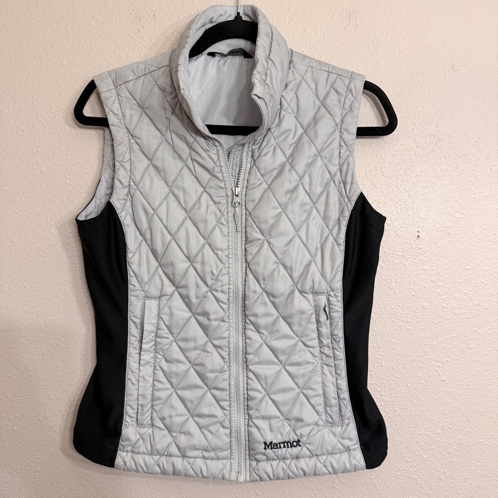 Marmot Womens Quilted Full Zip Vest Gray Black Stretch Side Panels Small